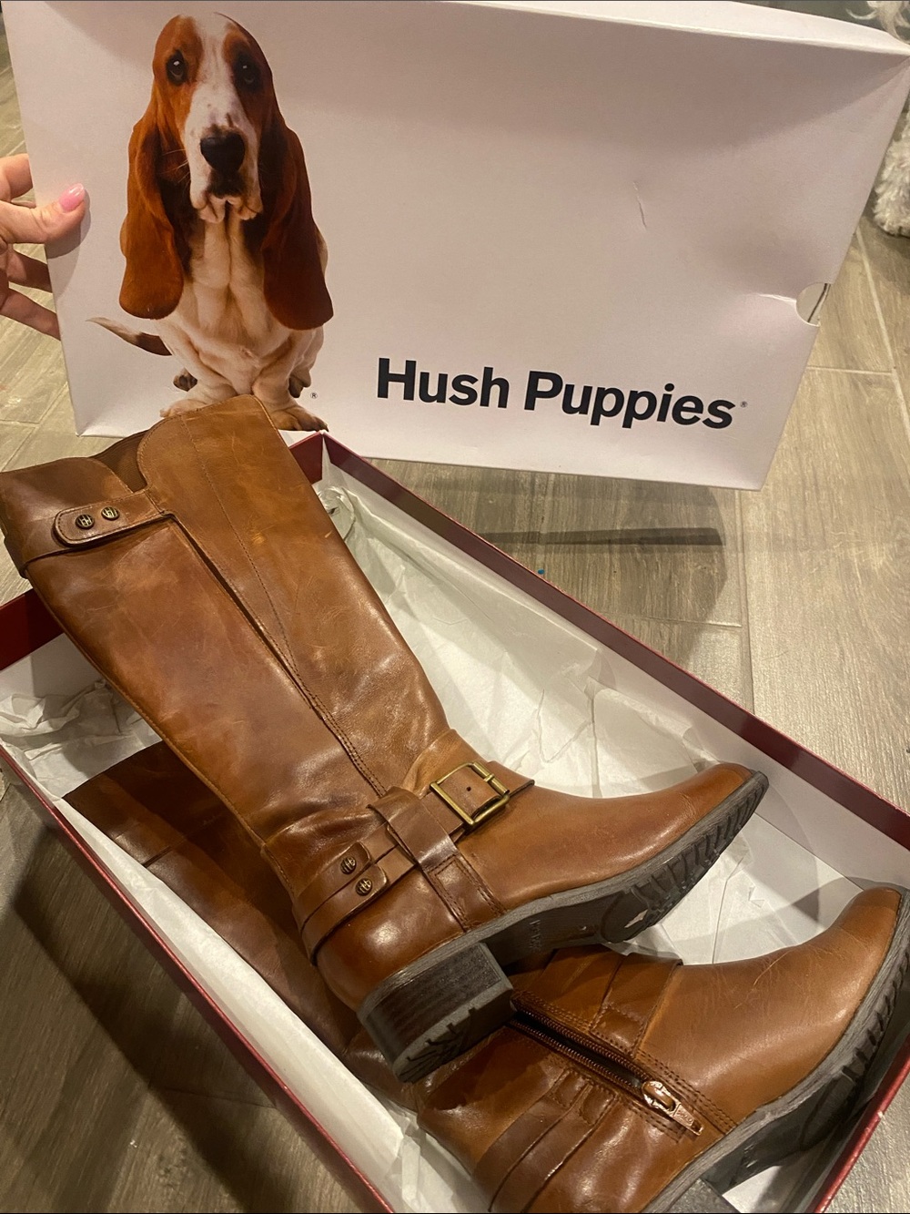 Hush Puppies Women's Cognac Brown Leather Knee-High Buckle Boots